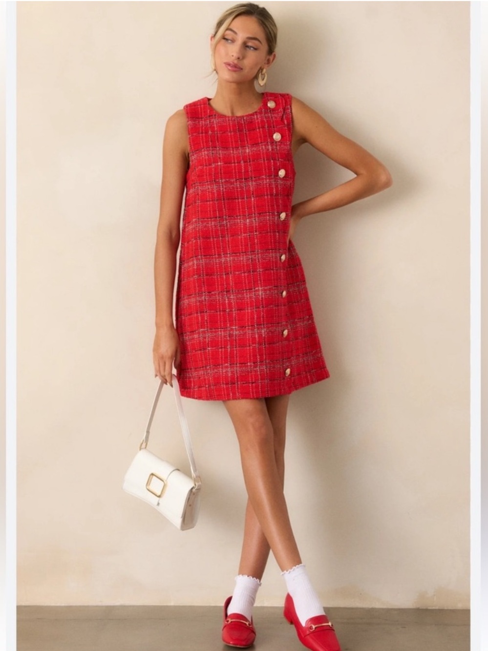 entro Red Plaid Button-Accent Mini Dress